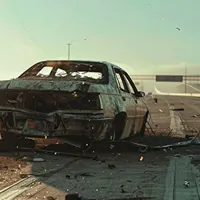 wrecked car in a highway