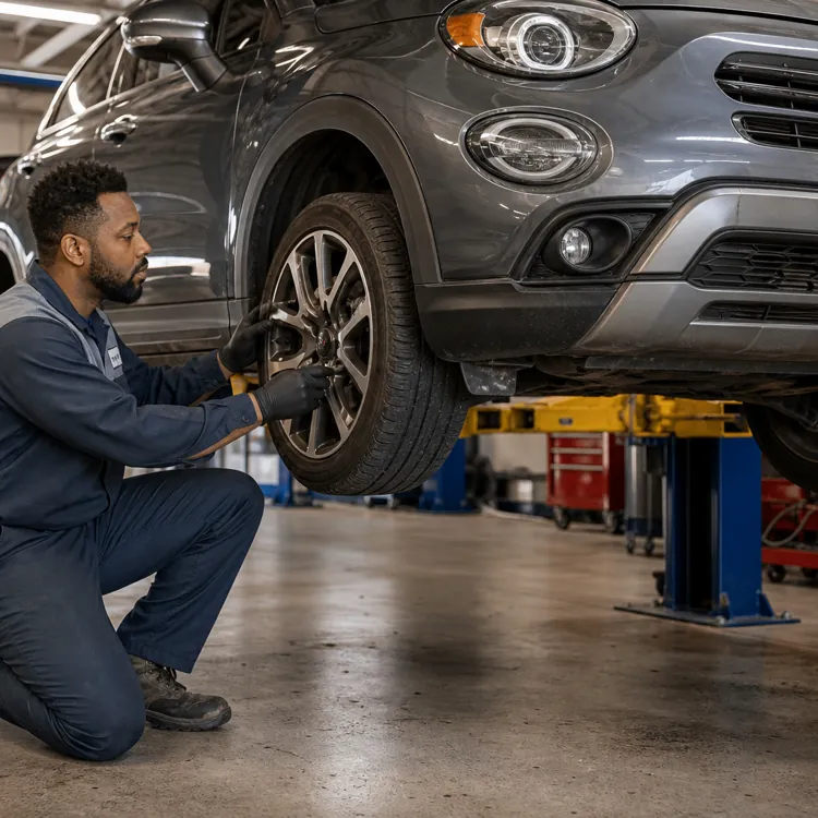 mechanic kneeling and working on a car wheel in a garage