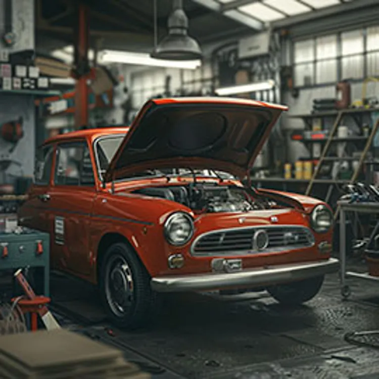 red fiat with an open hood in a shop