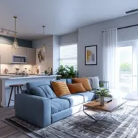 a living room and a kitchen countertop