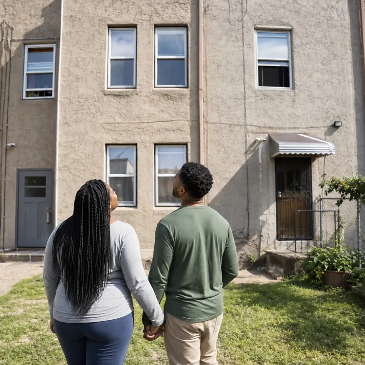 Couple holding hands looking at the exterior of a beige house in an urban neighborhood