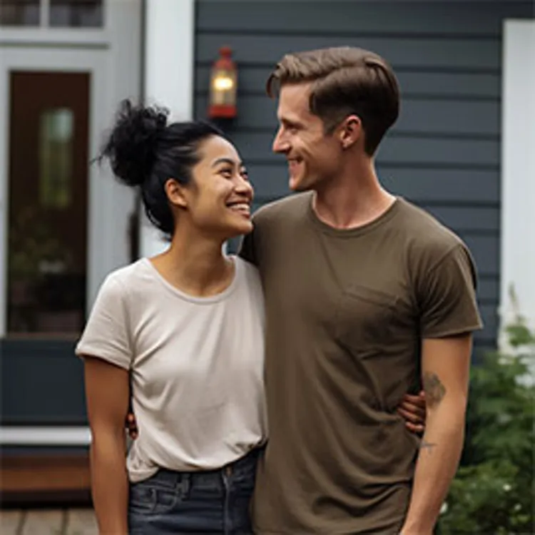 happy couple in front of a house