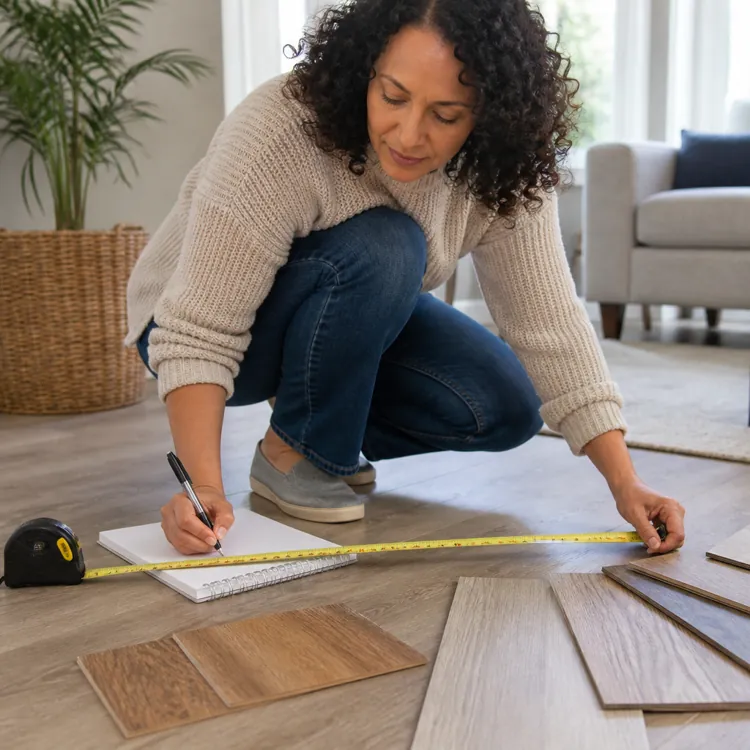 Woman measuring floor with tape measure and writing in notebook beside flooring samples