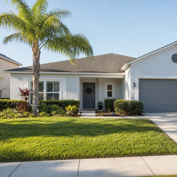 modern single story house with gray garage and palm tree in front yard