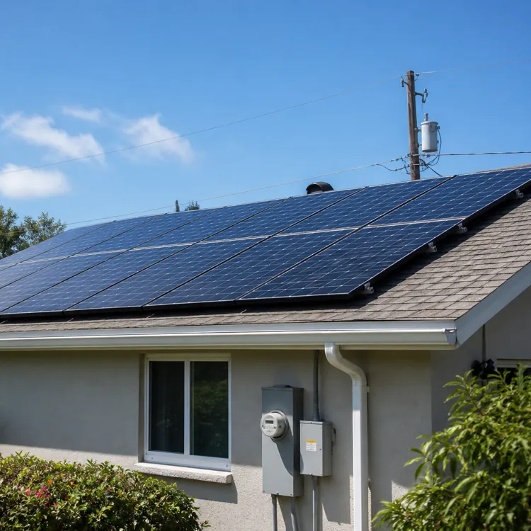 solar panels installed on a house roof with palm trees and blue sky in the background