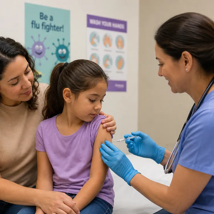 Nurse giving a young girl a vaccine shot in her arm while her mother sits beside her in a clinic