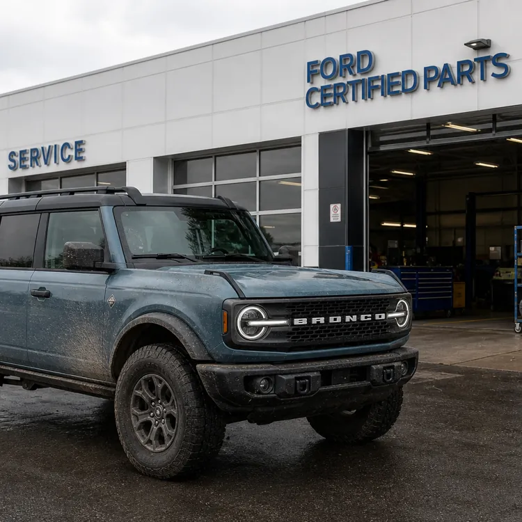 Blue Ford Bronco parked outside a Ford service center on a wet day