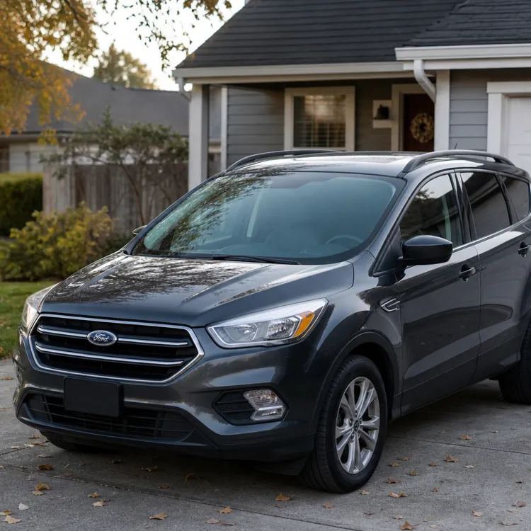 gray suv parked in a driveway in front of a suburban house with trees and grass