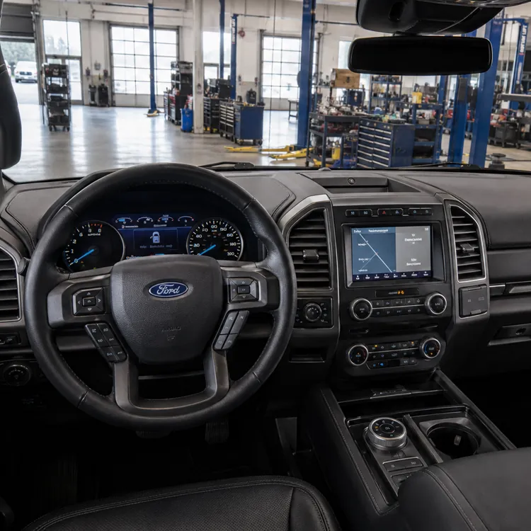 Ford truck interior with touchscreen dashboard inside an auto repair shop
