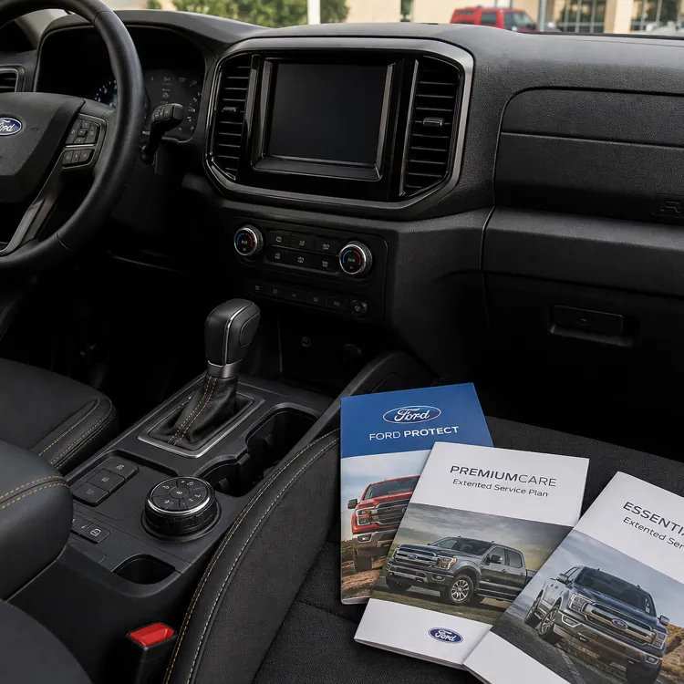 Ford vehicle interior with three service plan brochures on the passenger seat
