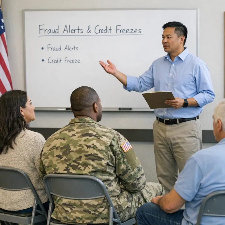 A man stands in front of a group seated in chairs, discussing fraud alerts and credit freezes with a whiteboard behind him.