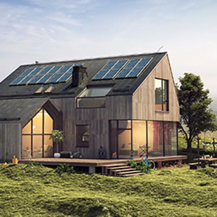 modern villa house with solar panels
