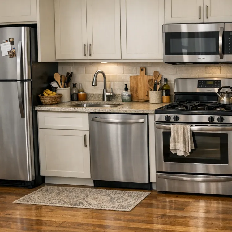 Modern kitchen with stainless steel appliances and white cabinets