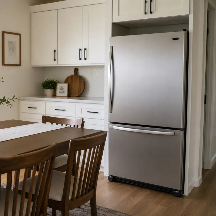 Modern kitchen with stainless steel fridge, wood dining table, and large windows