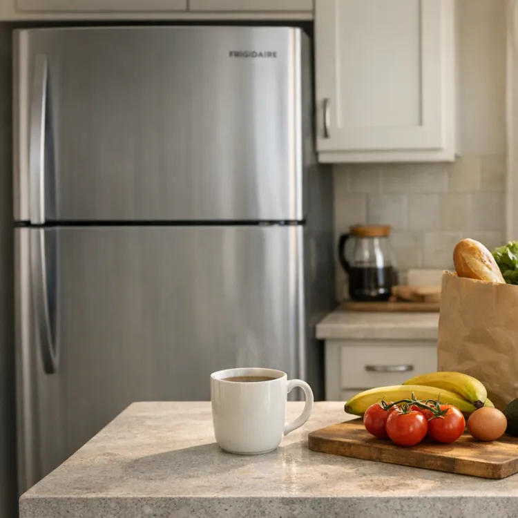 Paper bag of groceries, fresh produce, eggs, and coffee mug on a kitchen counter