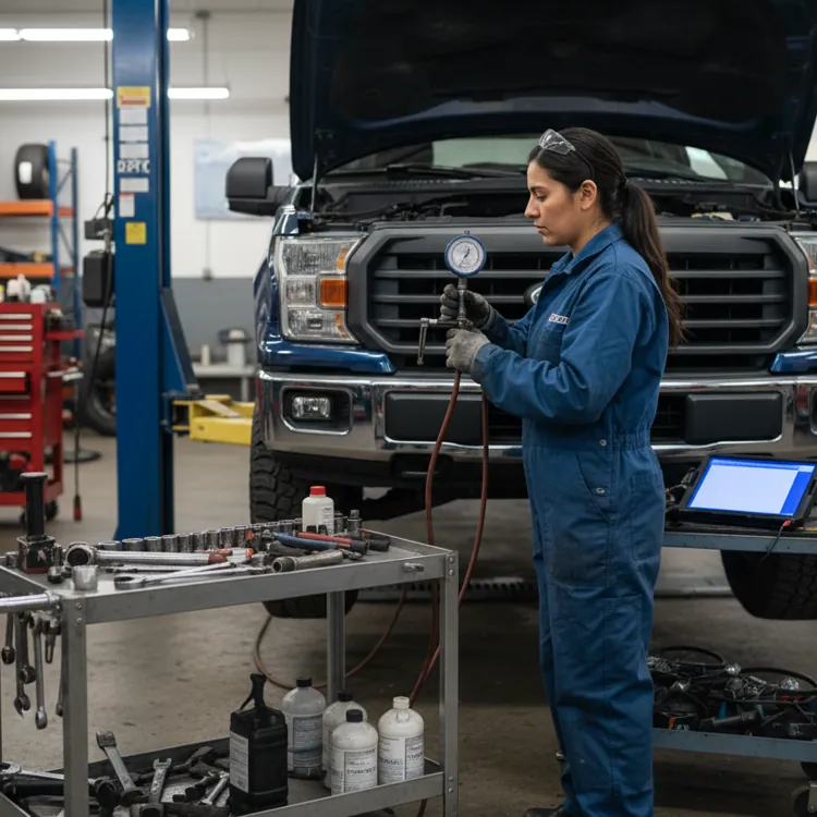Female mechanic in blue coveralls working on a truck in an auto repair shop