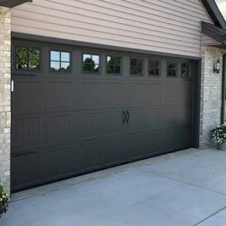 A modern garage door with windows and potted flowers on a concrete driveway.