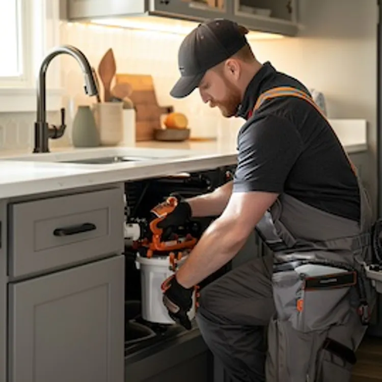 a repairman fixing a garbage disposal
