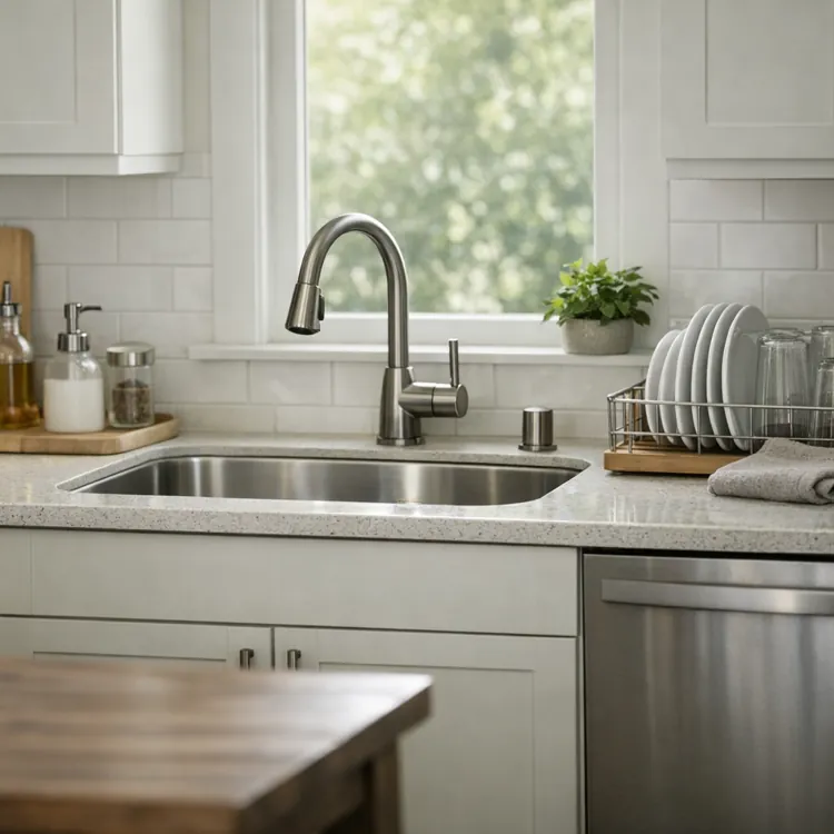 modern kitchen with white cabinets, stainless steel sink, dish rack, and countertop accessories