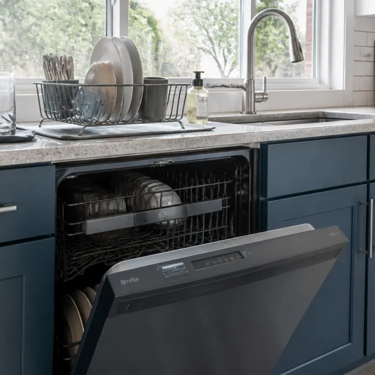 Open dishwasher with clean dishes in a modern kitchen with blue cabinets and a countertop dish rack