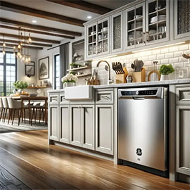 shiny stainless steel ge dishwasher in the kitchen