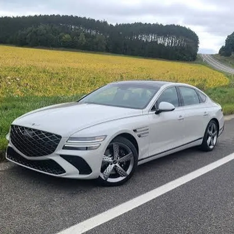 White sedan parked on the side of a rural road with fields and trees in the background