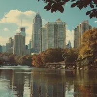 cityscape with a lake in the foreground and skyscrapers in the background