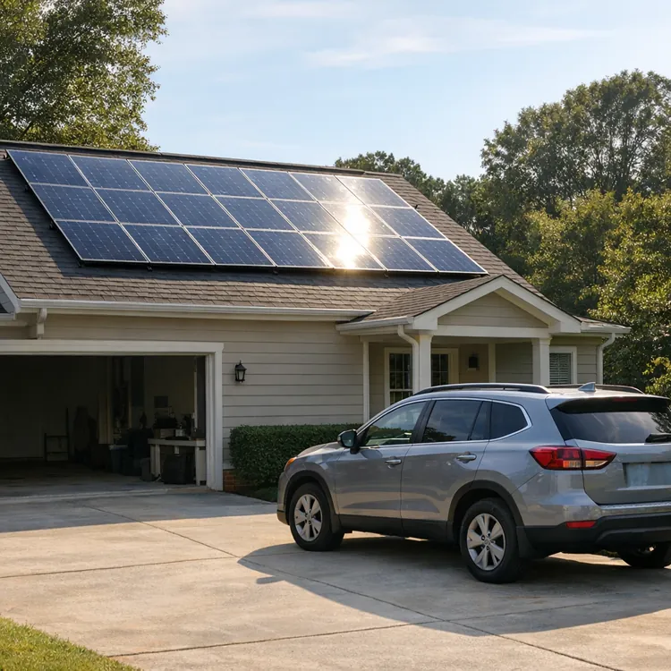 solar panels on house roof with suv parked in driveway on sunny day