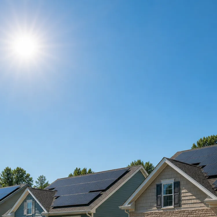 Rows of houses with solar panels installed on their roofs under a bright sunny sky