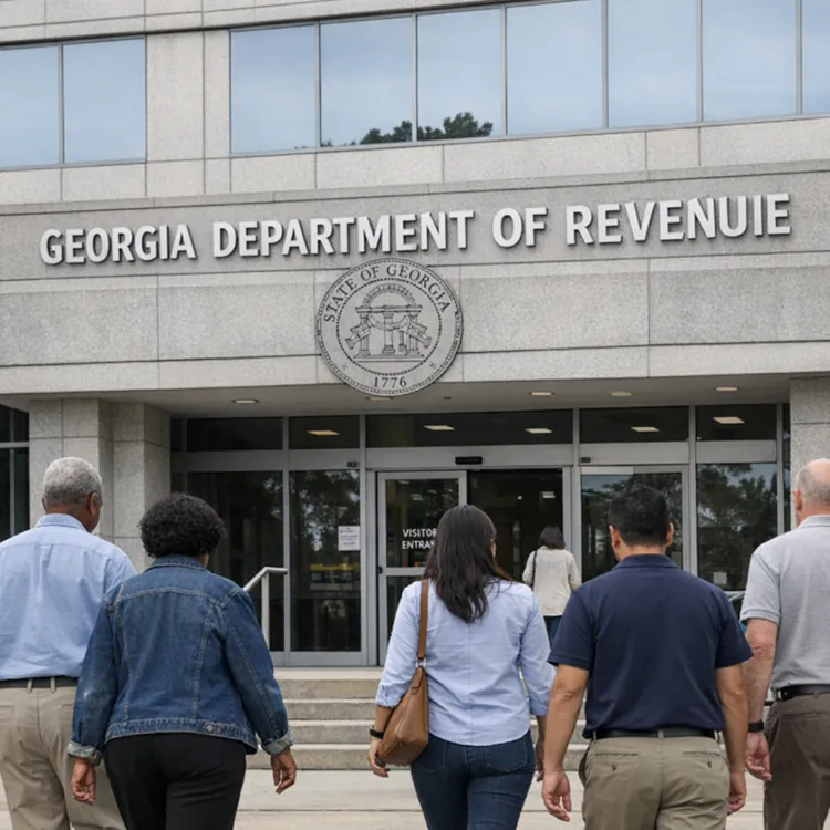 Group of people walking towards the entrance of the Georgia Department of Revenue building with an American flag nearby.
