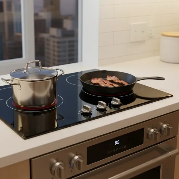 A pot and a skillet with bacon cooking on an electric cooktop in a modern kitchen.