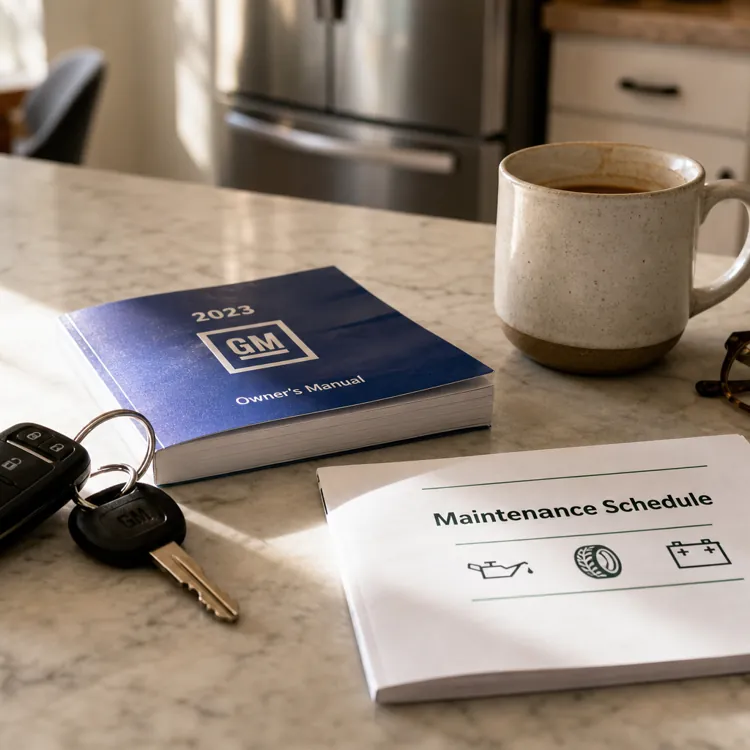 Car keys, GM owner's manual, maintenance schedule, coffee mug, and glasses on a kitchen counter