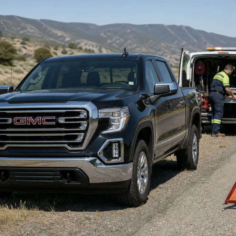 Black GMC pickup truck parked on roadside with a service van and warning triangles nearby