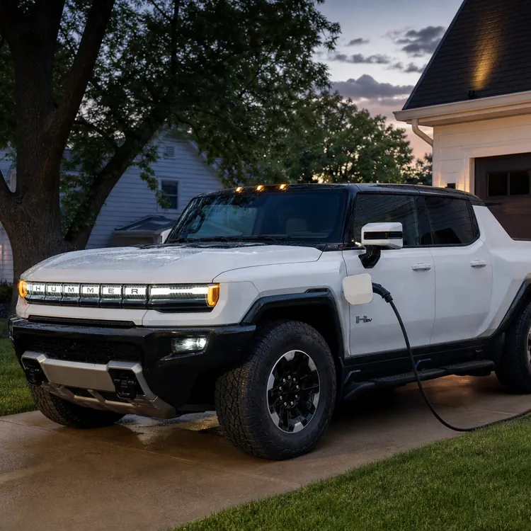 white electric pickup truck charging in a driveway at dusk