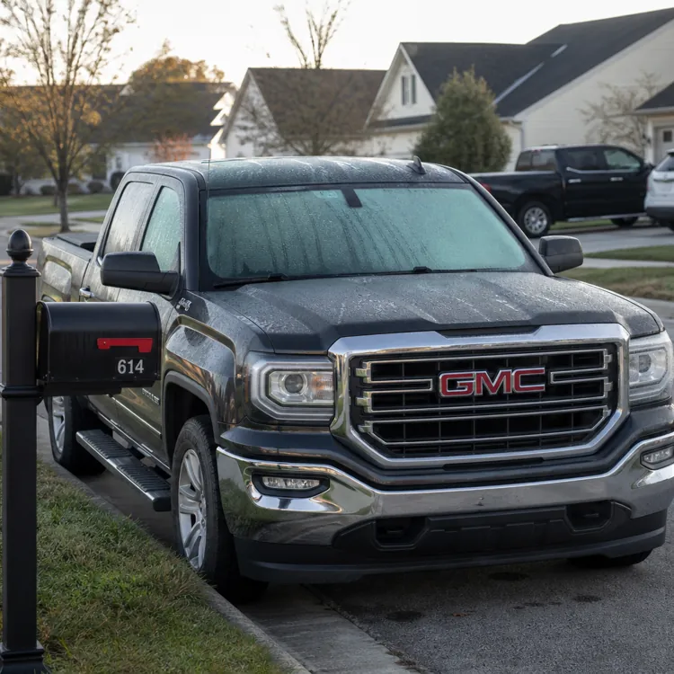 black GMC pickup truck with frosted windshield parked by mailbox on suburban street