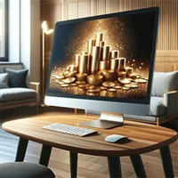 computer monitor showing stacks of gold coins