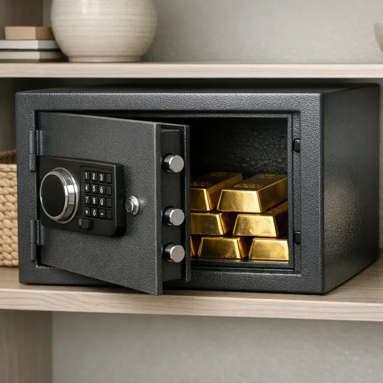 Open safe with gold bars inside on a wooden shelf with decorative bowls nearby