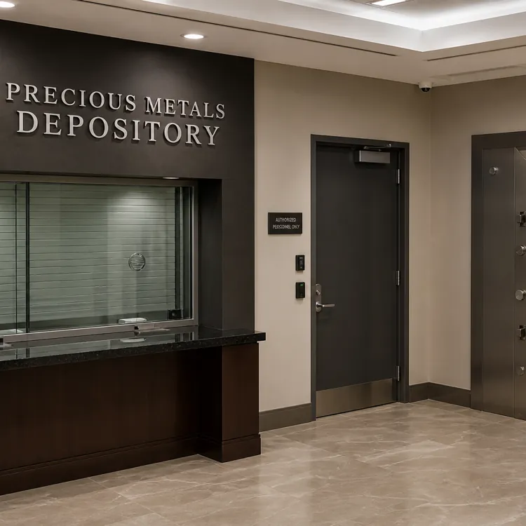 Precious metals depository counter next to a large open vault door with safe deposit boxes inside