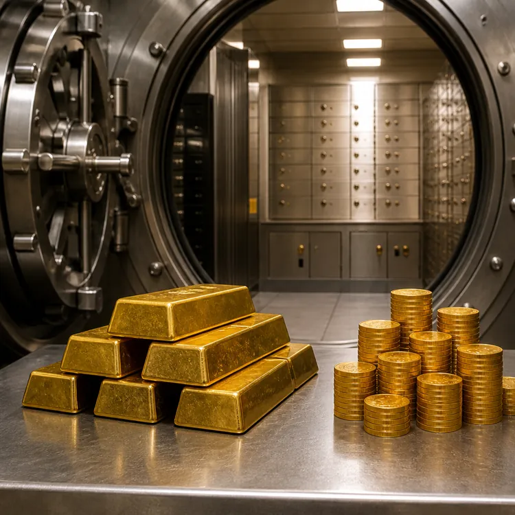 Stacked gold bars and piles of gold coins on a table inside a large bank vault
