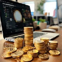 stack of gold coins and laptop on table