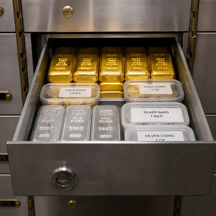 Open safe deposit box drawer containing gold bars, silver bars, and labeled coin containers