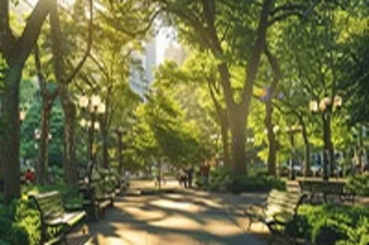 trees with shade and benches in the park