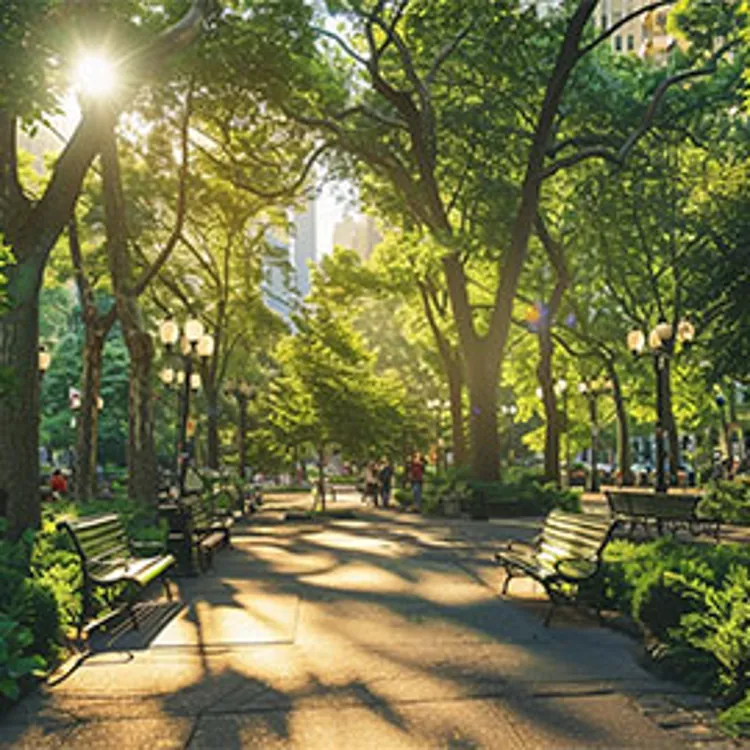 trees with shade and benches in the park