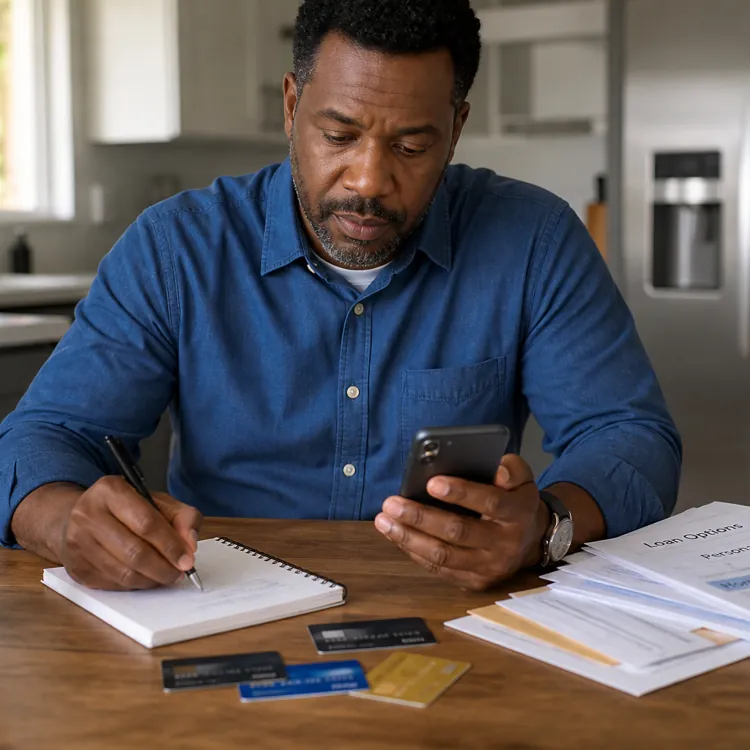 Man sitting at a kitchen table with credit cards, loan documents, and a notebook, using a smartphone
