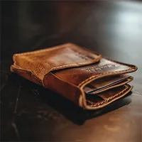 worn leather wallet with almost empty content
