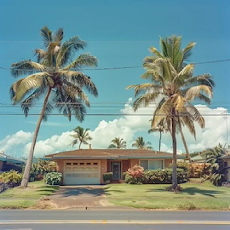 a house with a lawn and coconut trees