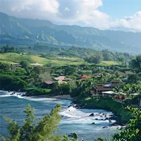 coastline town with mountains in the distance