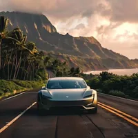 a Tesla on a highway in Hawaii