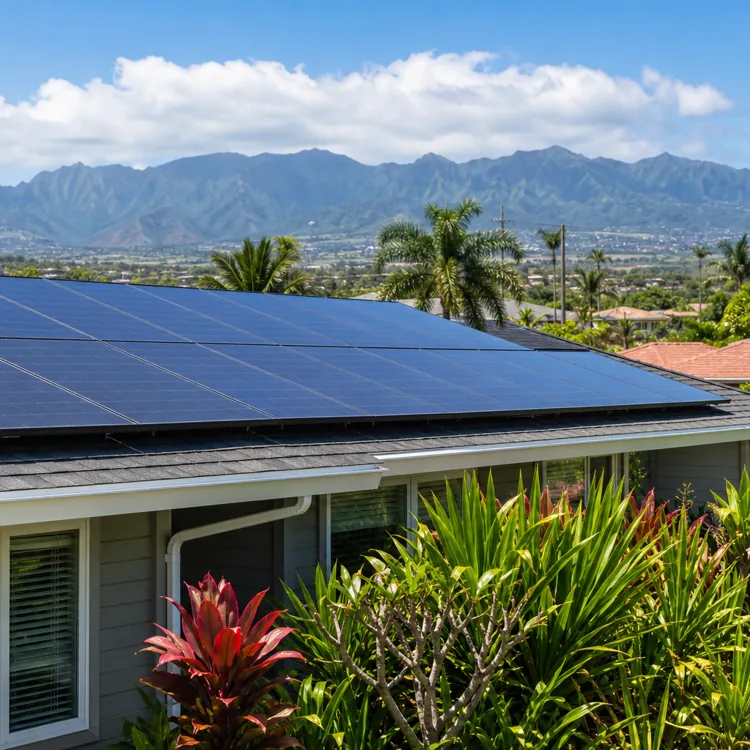 Solar panels on a house roof surrounded by tropical plants with mountains in the background