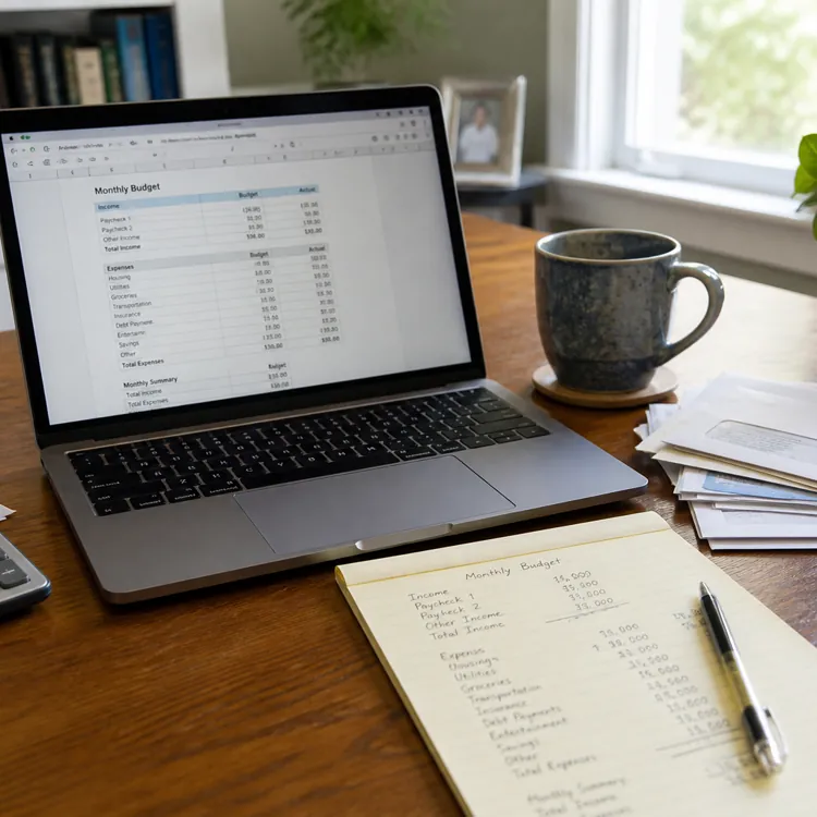 Laptop with budget spreadsheet, calculator, coffee mug, bills, and notepad on wooden desk